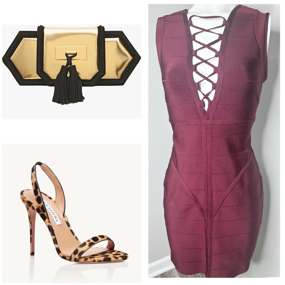 Bebe burgundy Bodycon Mini lace deep V Dress - PRELOVED- LARGE